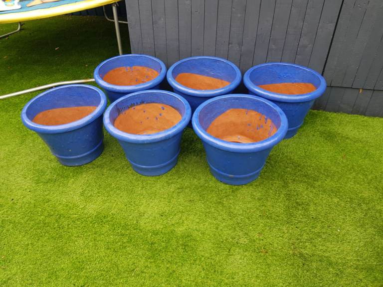 Large blue glazed plant pots x6 