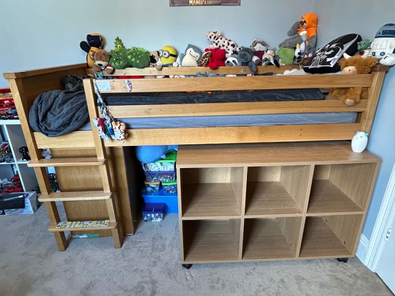 Aspace Oak Single Mid Sleeper Bed Frame with cube storage, chest of drawers and mattress
