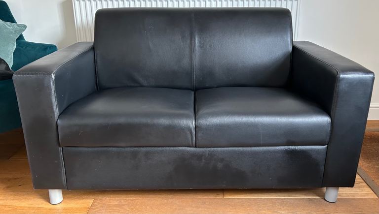 Black Two Seater Leather Sofas x 2