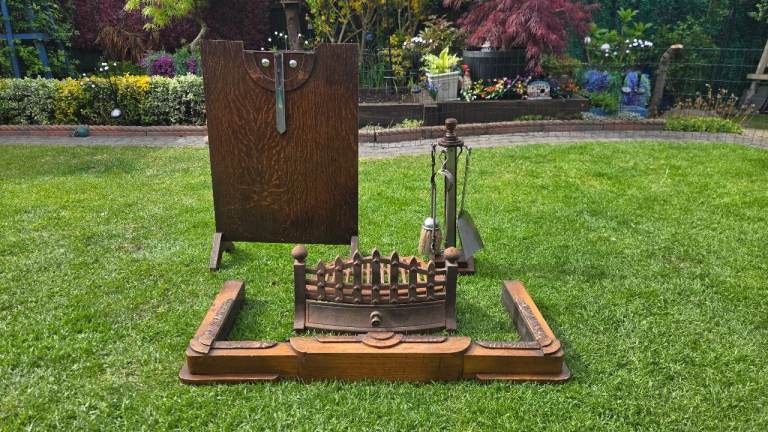 1930s Fireplace Set, Cast Iron Grate, Extendable Fender, Oak Fire Guard & Tools