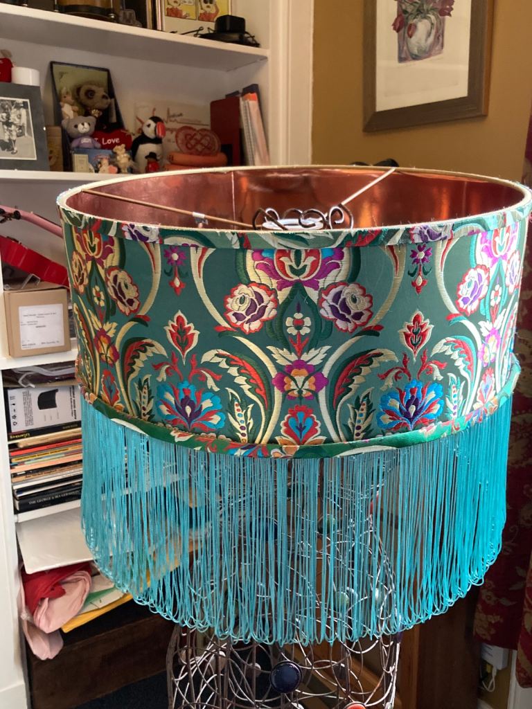 Beautiful large pendant light shade, green silk floral