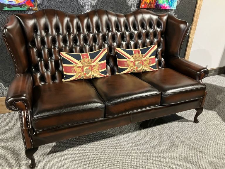 Stunning Refurbished RARE Chesterfield 3 Seater Queen Anne Sofa in Brown Leather - Delivery