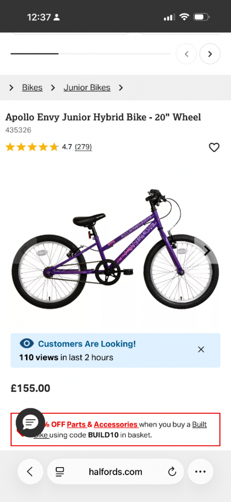 Apollo Envy Junior Hybrid Bike 20" Wheel - Purple, Good Condition