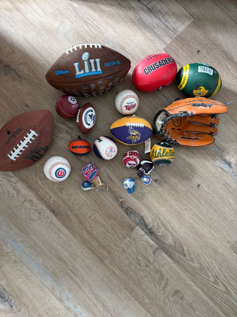 Job Lot: Miniature Sports Balls and Small Baseball Glove
