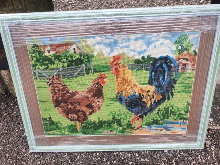 Framed Rooster & Hen Tapestry Picture – Farmhouse Style
