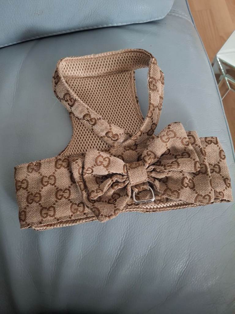 XL Brown Dog Harness with Bow - Patterned Mesh Design