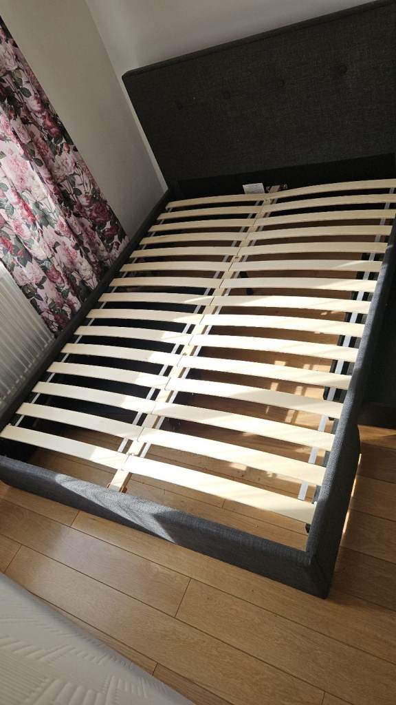 Double Bed Frame with Slats – Grey Fabric, Good Condition