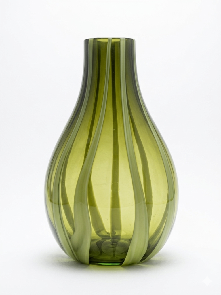 Vintage Hand Blown Green Art Glass Vase – Swirl Ribbon Design