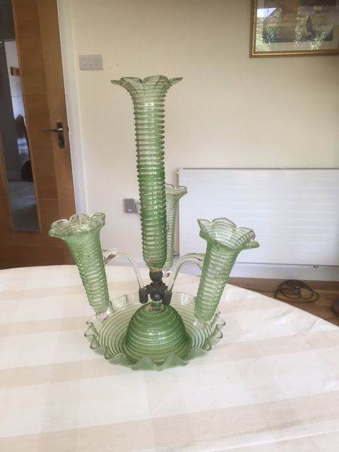 Victorian Glass Epergne in Green and Clear Glass