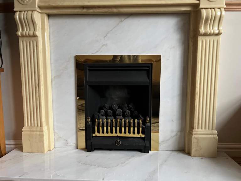 Marble Back Panel & Hearth for Fire, White with Grey hue & Cream veins (W37" x H37" & L54" x W15")