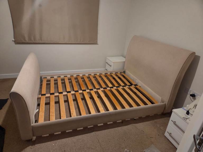 Beige Fabric Double Bed Frame - Curved Headboard & Sprung Slats