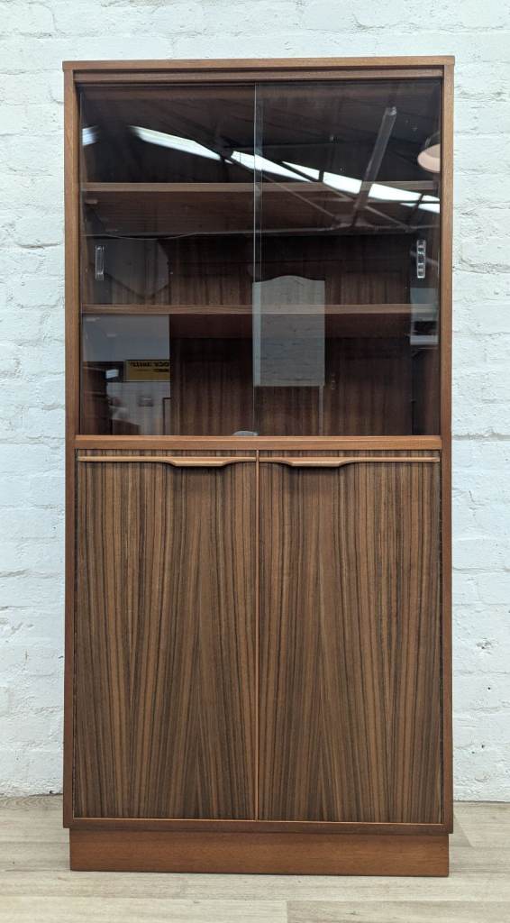 Mid century teak and tiger wood glazed tall bookcase cabinet 