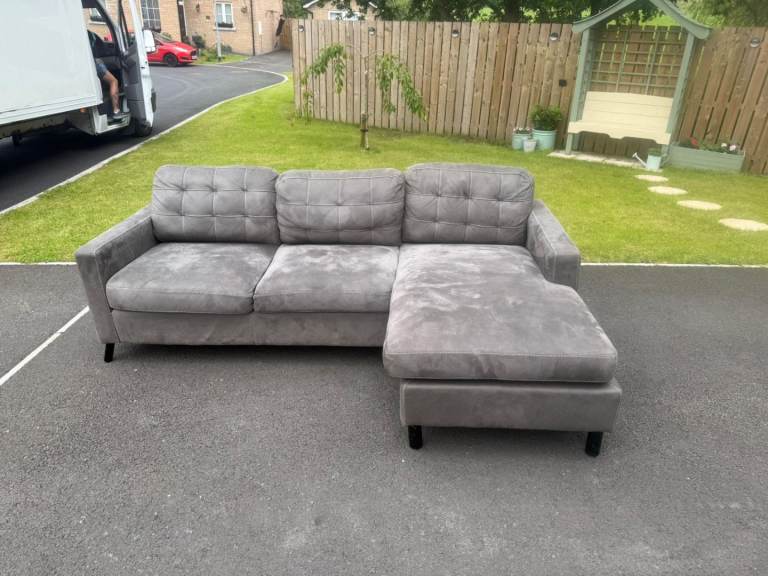 Nice corner group sofa inna grey velour fabric   Good fresh condition   Only £199