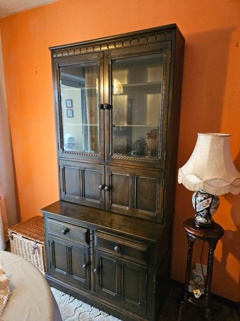 Ercol colonial Dark Brown Wooden Display Cabinet with Glass Doors - Good Condition