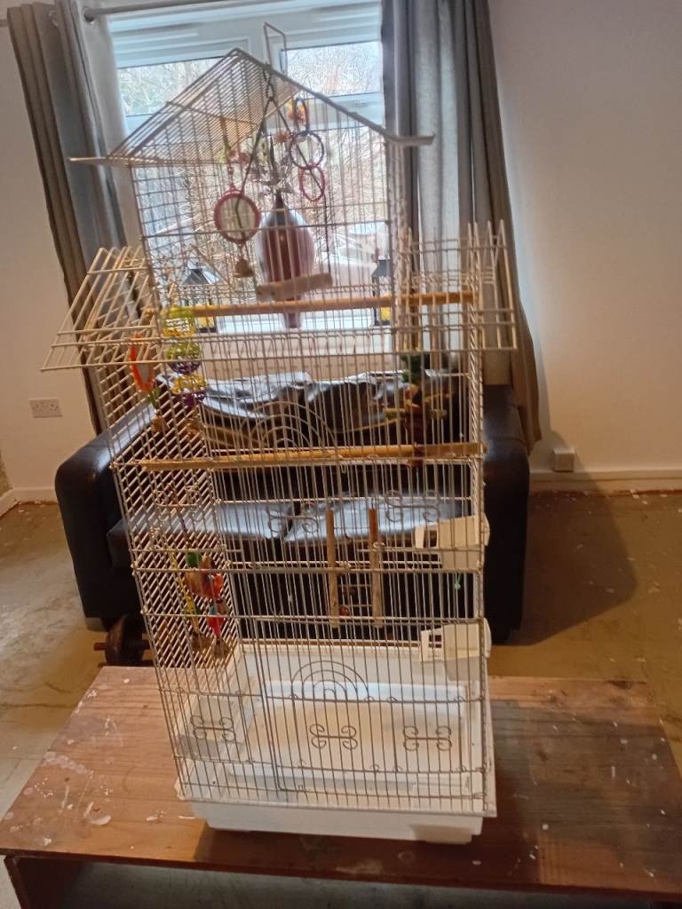 Large bird cage with all accessories including feeding tubs etc