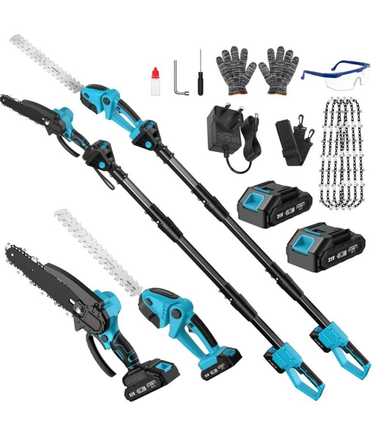 Cordless Pole Hedge Trimmer & Chainsaw Set, 2 * 4.0Ah Battery Rechargeable 7.05Ft Extension