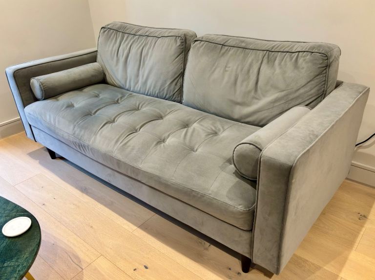 3 Seater Sofa in Grey Velvet | Excellent Condition |Collection only from Cheltenham