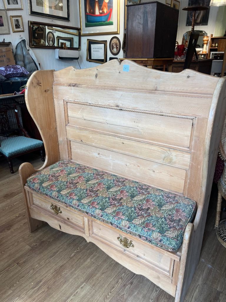 Pine Monks High Backed Bench with 2 storage drawers . In good condition . Great for hallways . 
