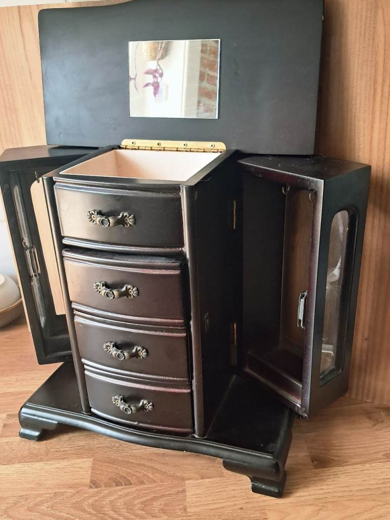 Vintage Wooden Jewellery Box with Drawers and Mirror