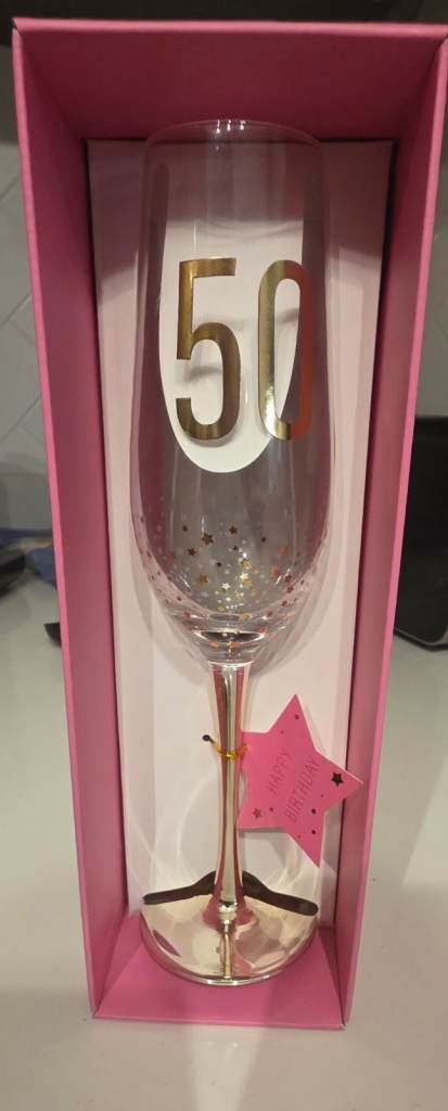 New 50th Birthday Champagne Flute Glass in Pink Box