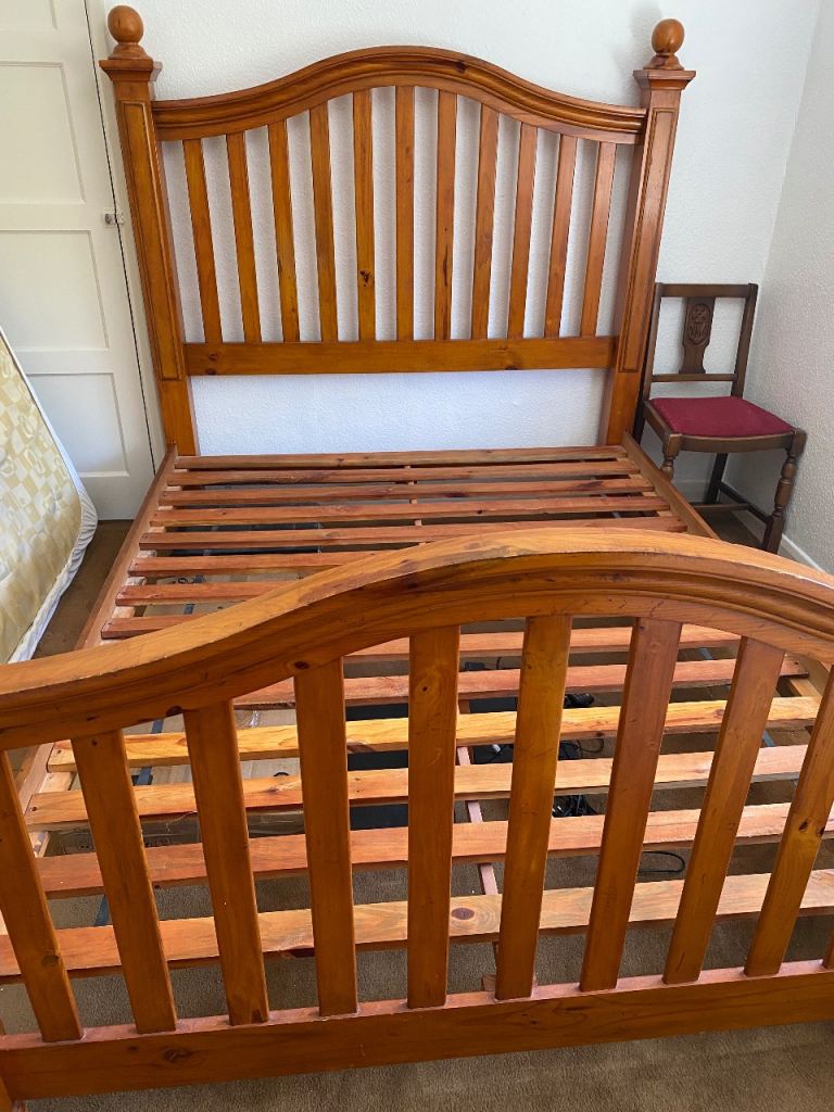 Wooden king size Bed Frame with Slats and dresser– 218 cm long x 163 wide x 158 cm at highest point.