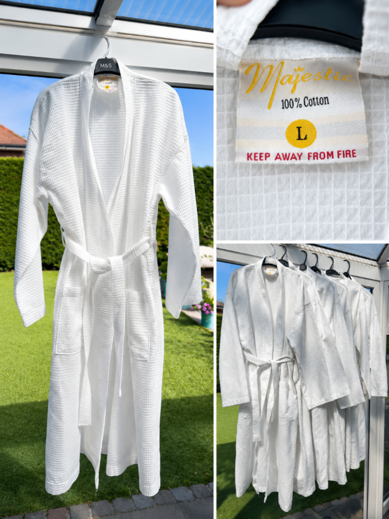 6 x Majestic 100% Cotton Waffle Weave Spa/Bath Robes – White – Large – Excellent Condition