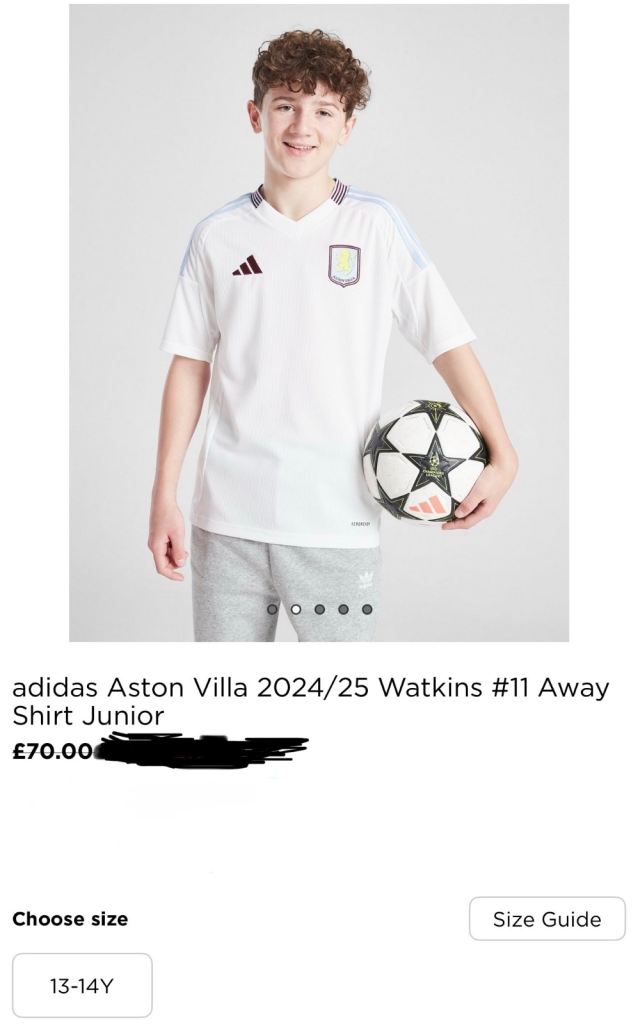 adidas Sportswear Aston Villa 2024/25 Watkins #11 Away Shirt Junior Size 13-14Yr