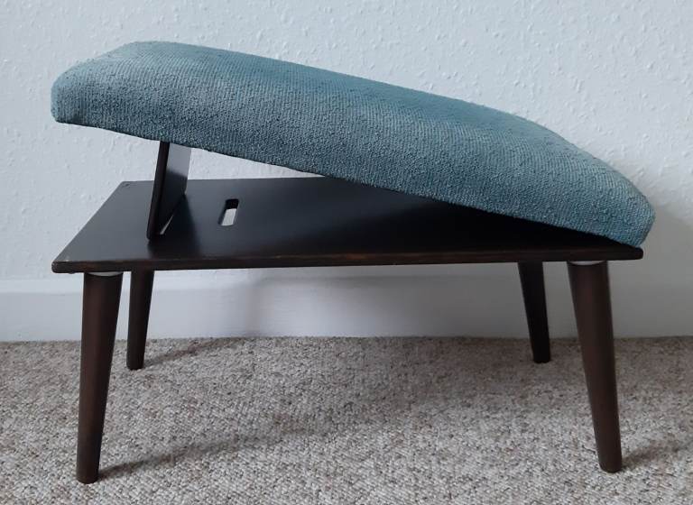 Vintage Wooden Adjustable Footstool Foot Rest - blue fabric. Parker Knoll? Gout stool