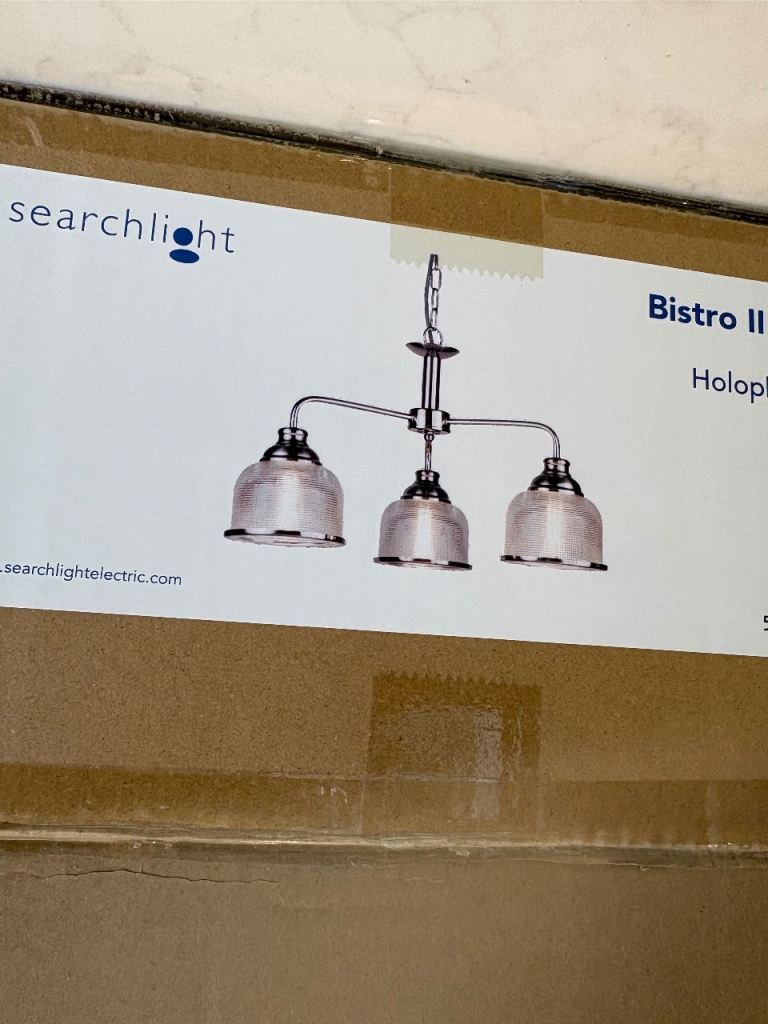  Bistro II 3Lt Pendant – New, Satin Silver & Holophane Style Glass