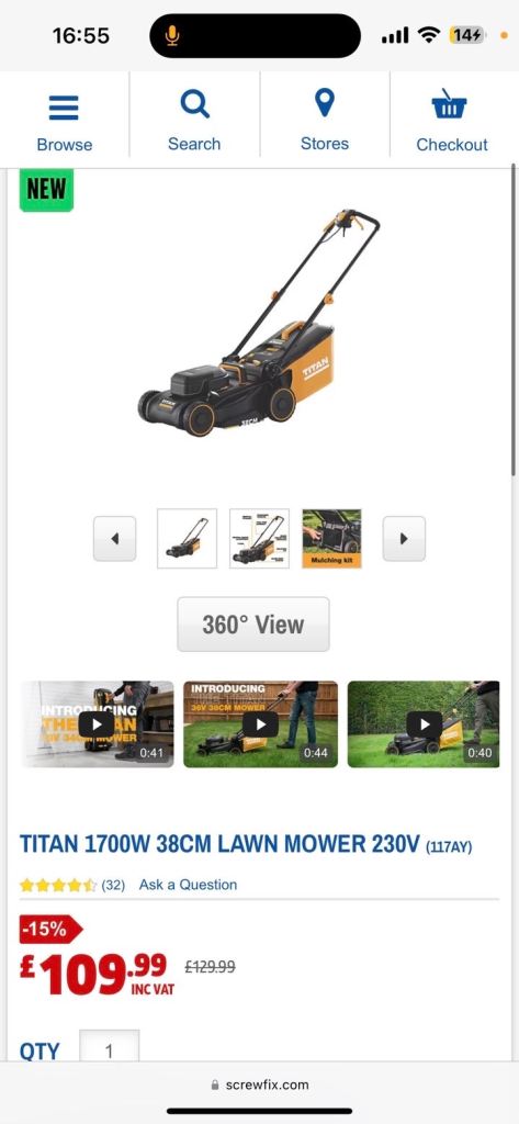 NEW Titan 1700W 38cm Electric Lawn Mower
