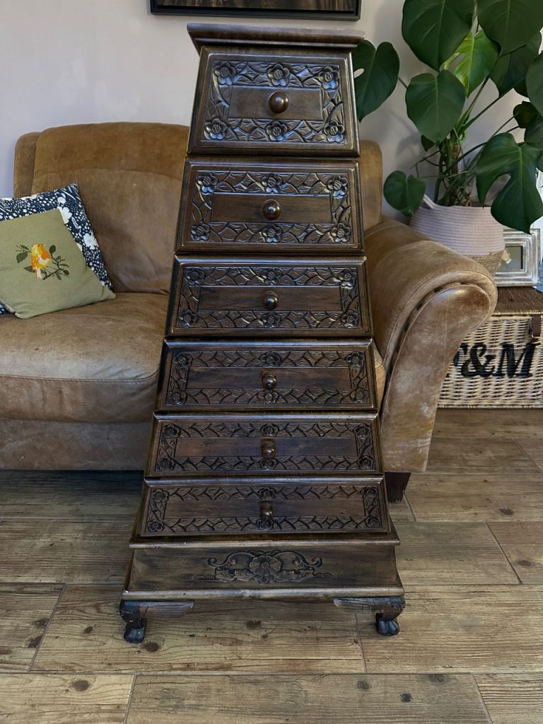 Tall Carved Wooden Chest of Drawers – Good Condition