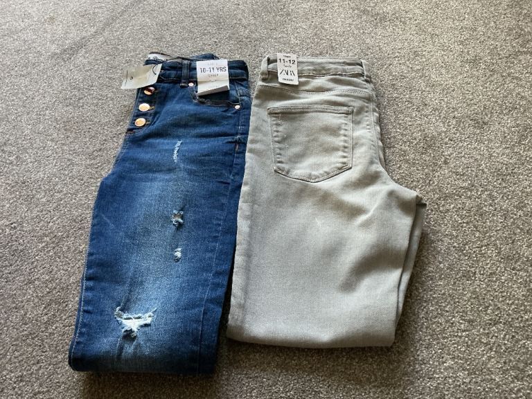 Two Pairs ZARA Kids Skinny Jeans – Blue Distressed & Light Grey, New with Tags