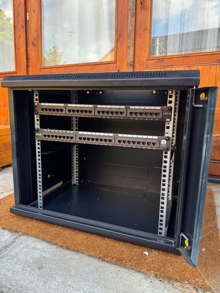 12U 19” Lockable Wall Mount Network Cabinet / Server Rack + Patch Panels + Netgear Switch