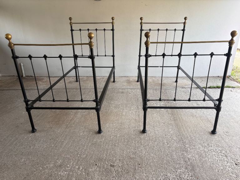 Matching Pair of Antique Victorian Cast Iron & Brass Single Beds
