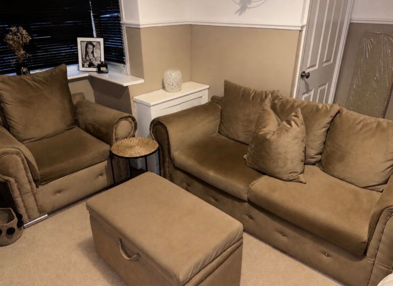 PlushVelvet Sofa and Armchair Set with Storage Footstool – Good Condition