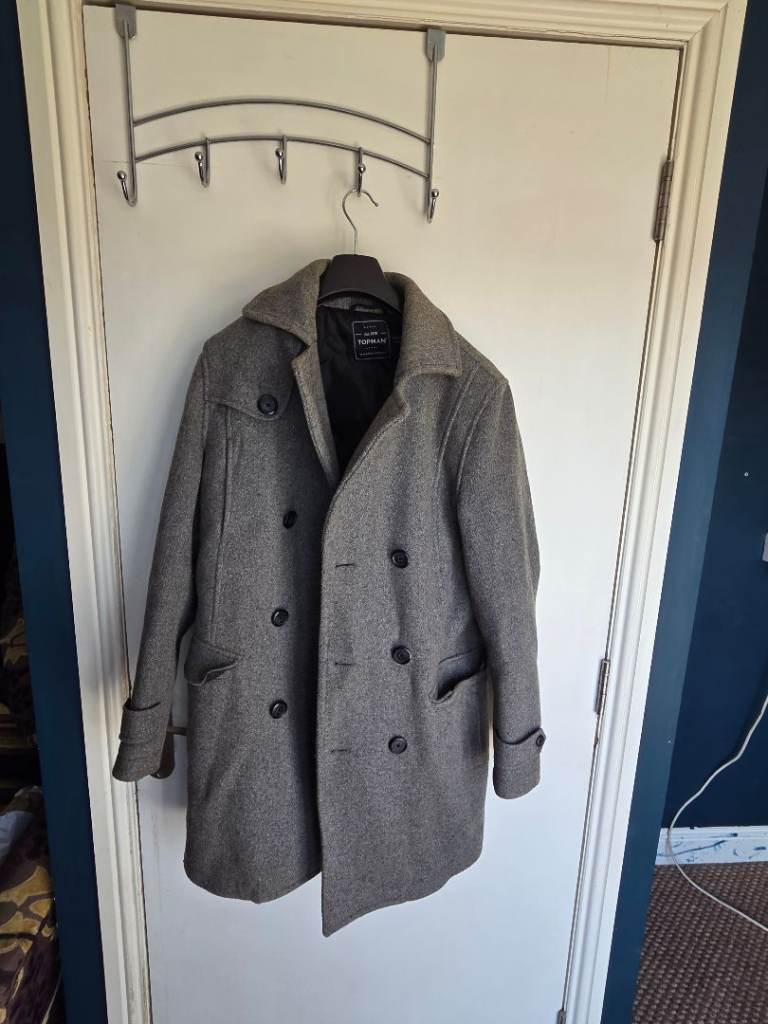 Men's Topman Grey Wool Blend Pea Coat / Overcoat – Size Medium