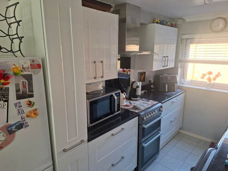 Modern White High Gloss Kitchen Units with Drawers, Shelves, Pull-Out Pantry, fitted 2019