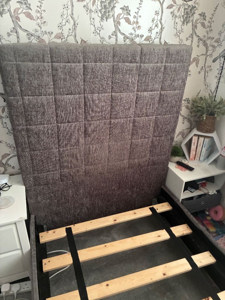 Double Bed Frame with Grey Fabric Headboard – Good Condition