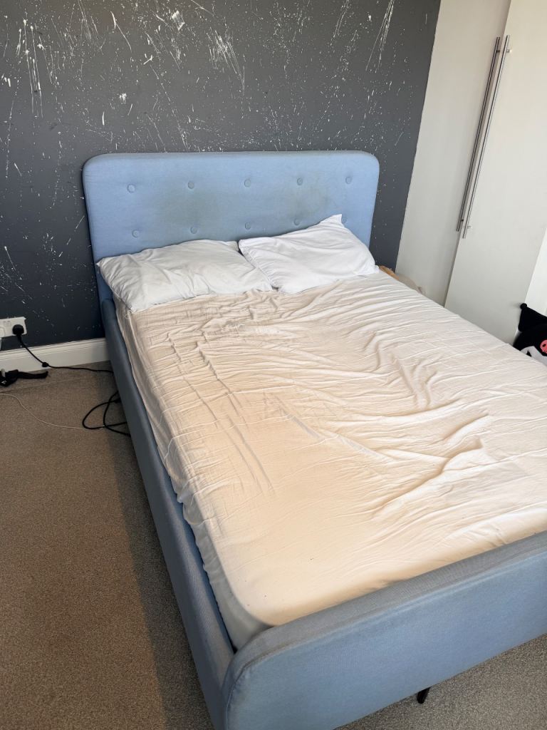 Blue Fabric Double Bed Frame – Fair Condition, Ready to Go