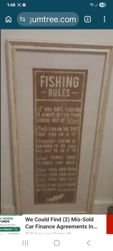 Glass framed 'Fishing rules sign for enthusiast or fishing tackle shop / restaurant H77cm x W37cm.  