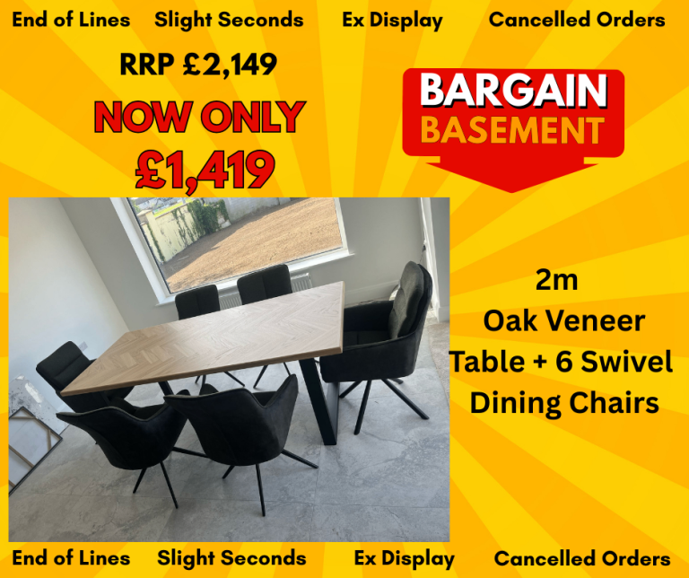 2m Oak Veneer Table and 6 Swivel Chairs