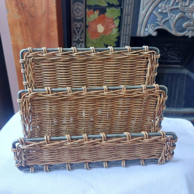 Vintage Metal And Wicker Letter Rack 