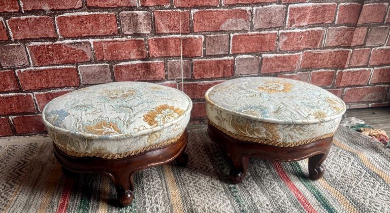 2 Antique reupholstered footstools, Featuring round top, wooden fancy French style frame & feet,