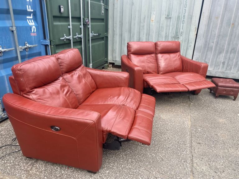Red Leather Electric Recliner Sofa and Armchair with Footstool