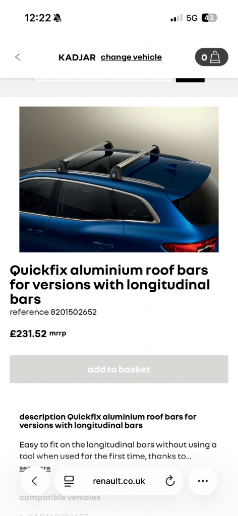 Renault Kadjar genuine QuickFix roof bars 