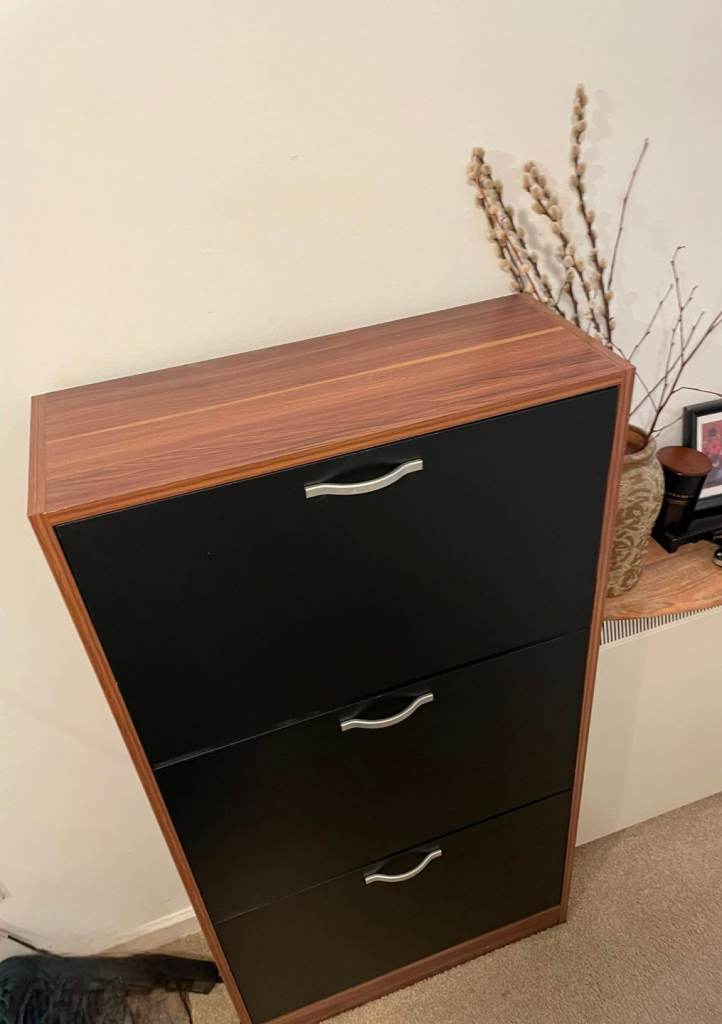 Shoe Cabinet with 3 Drawers – Black and Wood Effect, Good Condition