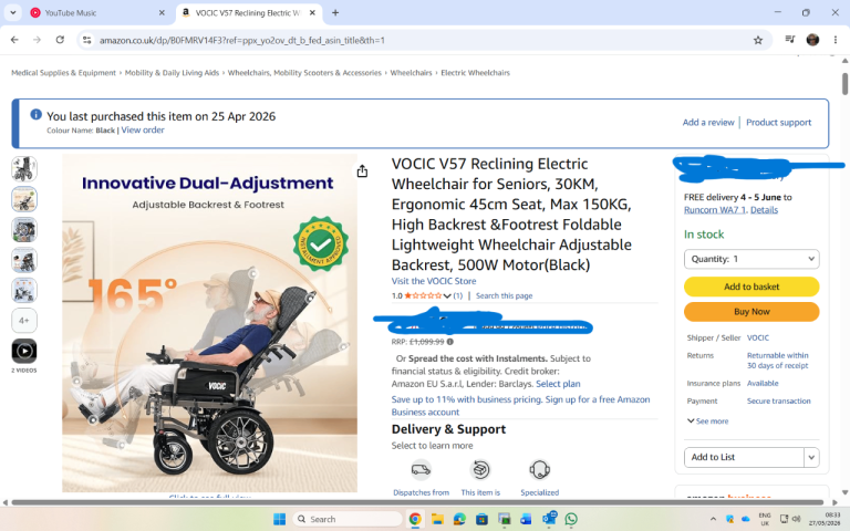 VOCIC V57 Reclining Electric Wheelchair - Black, New