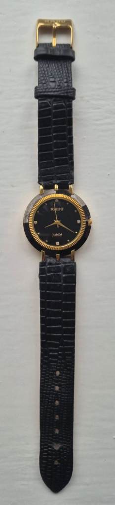 Rado Jubilé quartz watch with a black dial and a black leather strap