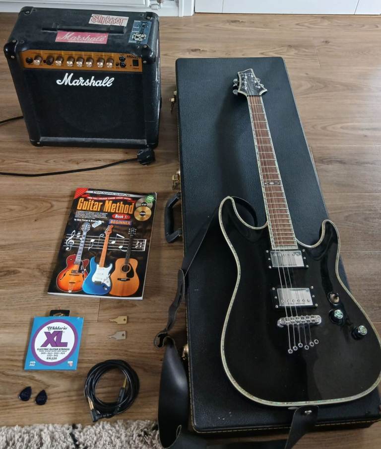 Guitar + Amp - Schecter Diamond Series C-1 Elite + Marshall MG15DFX Amp Complete Bundle
