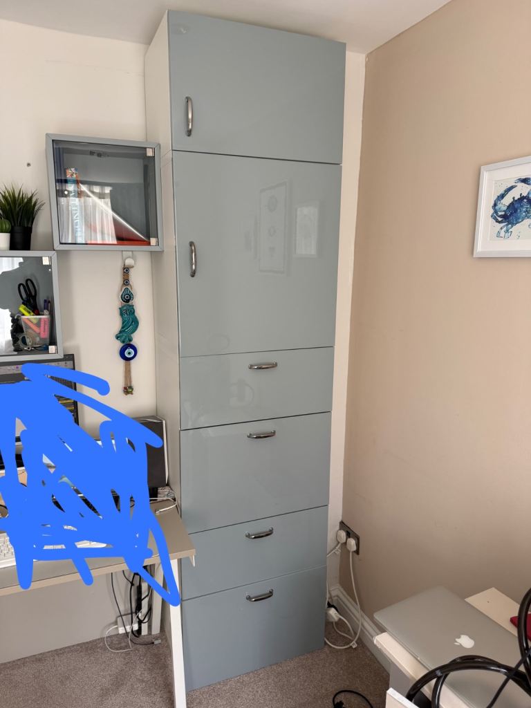 IKEA BESTÅ Tall Cabinet & Matching EKET Wall Cubes Set | High-Gloss Grey-Blue